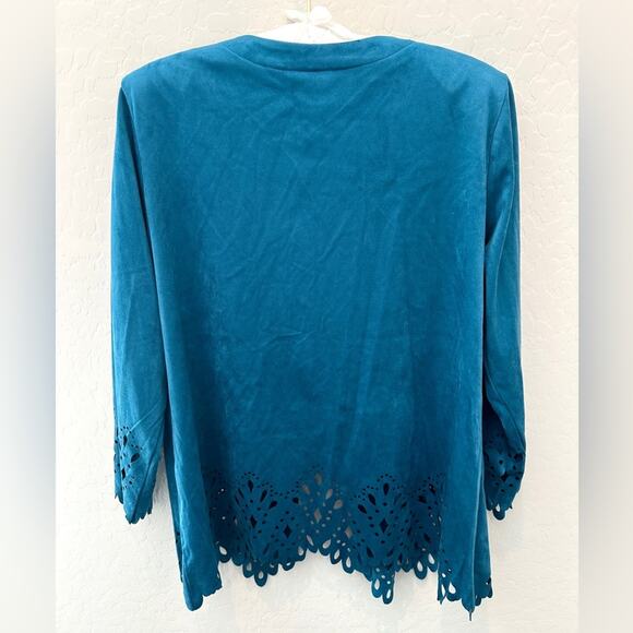 BOB MACKIE Teal Blue Open Front Jacket Laser Cut Hem & Sleeves NWT | Size Medium - Picture 5 of 9